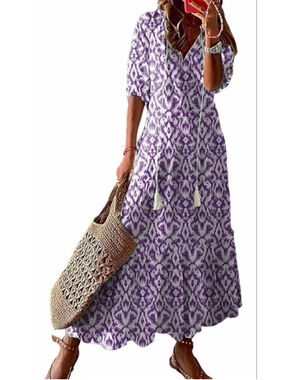 NEW Floral Loose Lightweight Beach 3/4 Ruffle Sleeve Maxi Dress V Neck A Line M